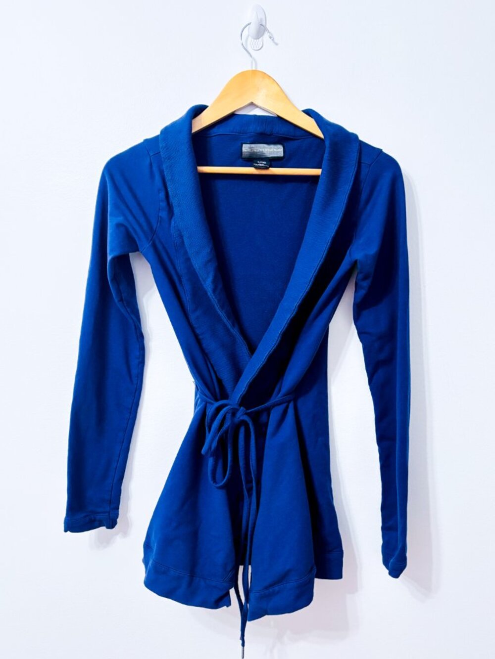 KITCHEN ORANGE Blue Cotton Stretch Tie Waist Shawl Collar Cardigan Small